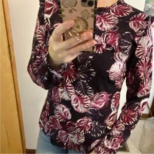 Karl Lagerfeld Paris Mauve Black Floral Ruffle Accent Top